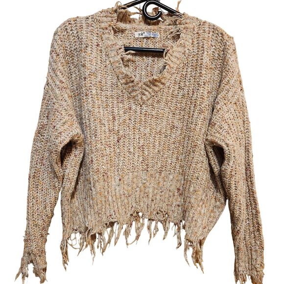 Jolt Women's Size Small Distressed Beige Speckled Knit Cropped Sweater V Neck - Picture 9 of 11